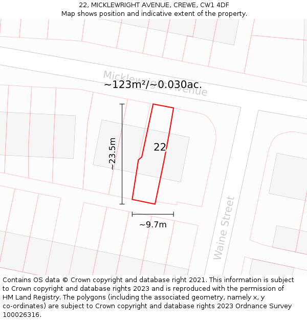 22, MICKLEWRIGHT AVENUE, CREWE, CW1 4DF: Plot and title map