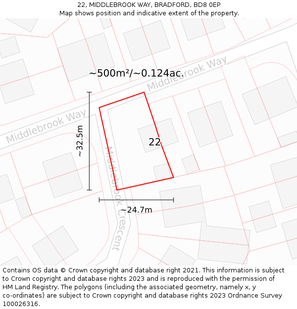 22, MIDDLEBROOK WAY, BRADFORD, BD8 0EP: Plot and title map
