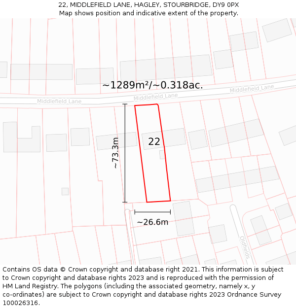 22, MIDDLEFIELD LANE, HAGLEY, STOURBRIDGE, DY9 0PX: Plot and title map