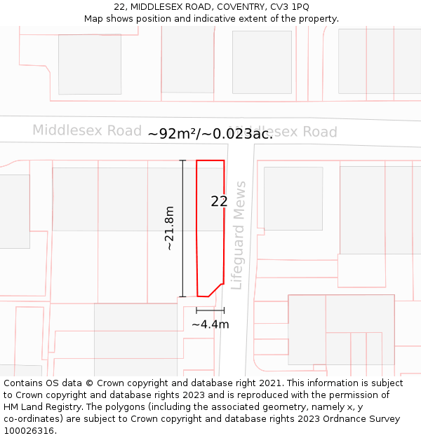 22, MIDDLESEX ROAD, COVENTRY, CV3 1PQ: Plot and title map