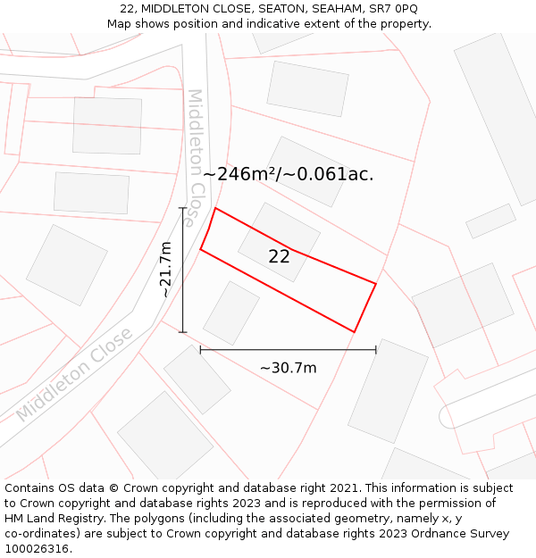 22, MIDDLETON CLOSE, SEATON, SEAHAM, SR7 0PQ: Plot and title map