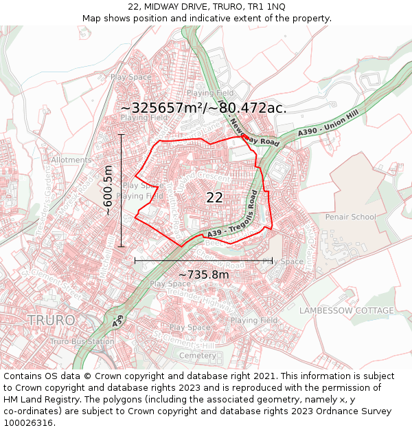 22, MIDWAY DRIVE, TRURO, TR1 1NQ: Plot and title map