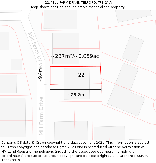 22, MILL FARM DRIVE, TELFORD, TF3 2NA: Plot and title map