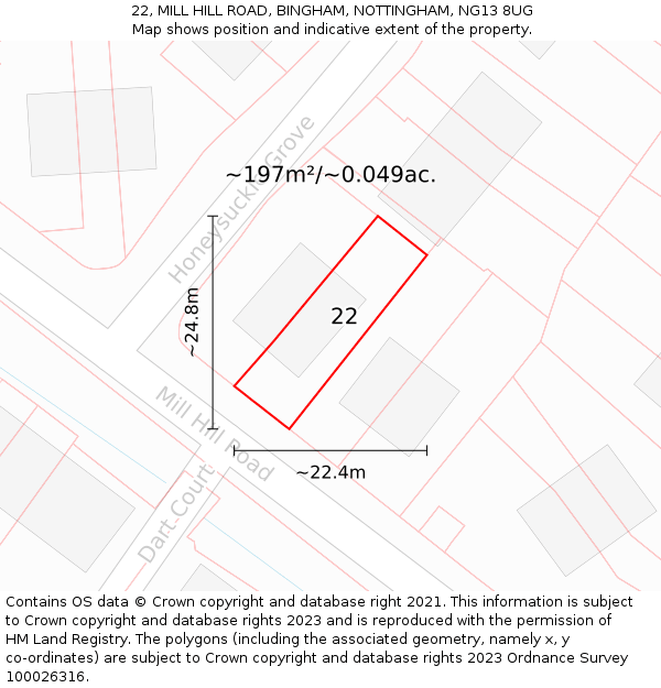 22, MILL HILL ROAD, BINGHAM, NOTTINGHAM, NG13 8UG: Plot and title map