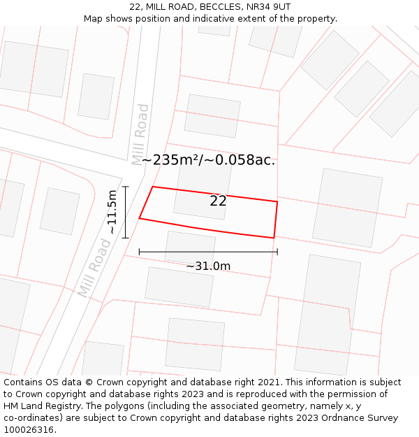 22, MILL ROAD, BECCLES, NR34 9UT: Plot and title map