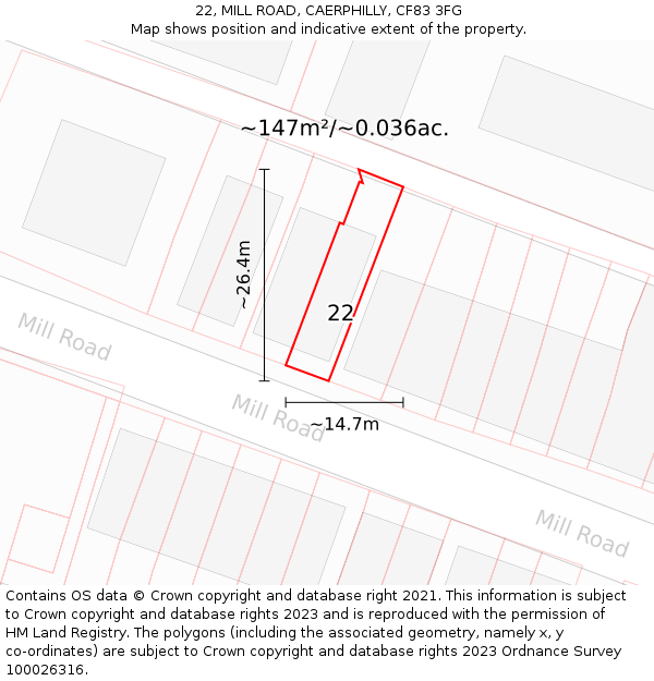 22, MILL ROAD, CAERPHILLY, CF83 3FG: Plot and title map