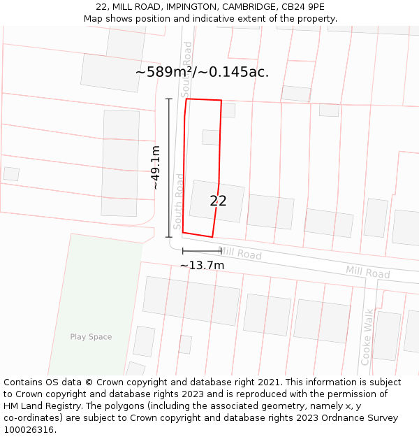 22, MILL ROAD, IMPINGTON, CAMBRIDGE, CB24 9PE: Plot and title map