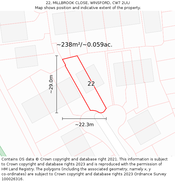 22, MILLBROOK CLOSE, WINSFORD, CW7 2UU: Plot and title map
