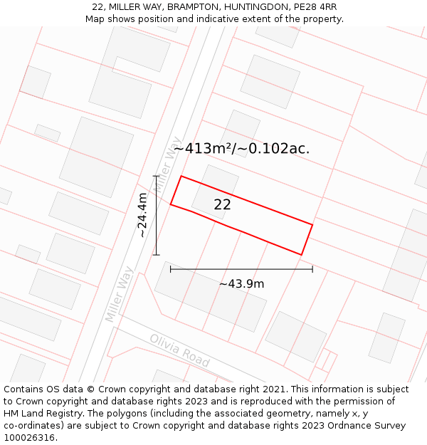 22, MILLER WAY, BRAMPTON, HUNTINGDON, PE28 4RR: Plot and title map