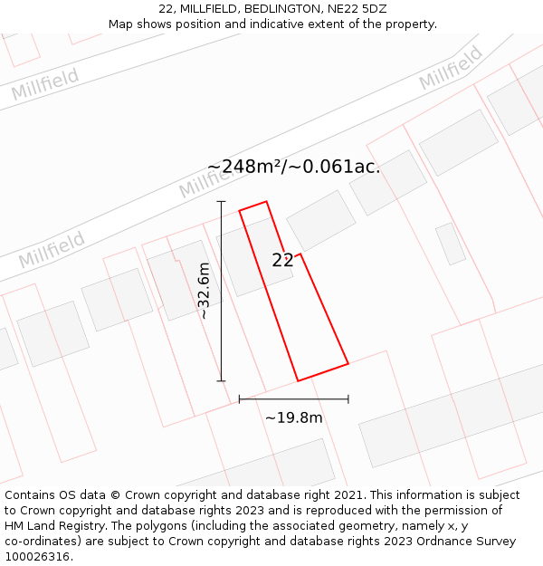 22, MILLFIELD, BEDLINGTON, NE22 5DZ: Plot and title map