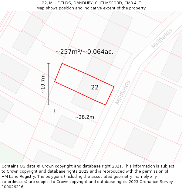 22, MILLFIELDS, DANBURY, CHELMSFORD, CM3 4LE: Plot and title map