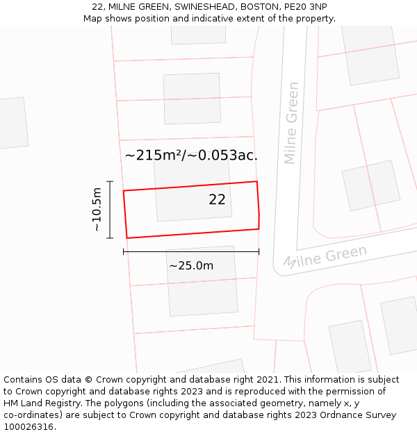 22, MILNE GREEN, SWINESHEAD, BOSTON, PE20 3NP: Plot and title map