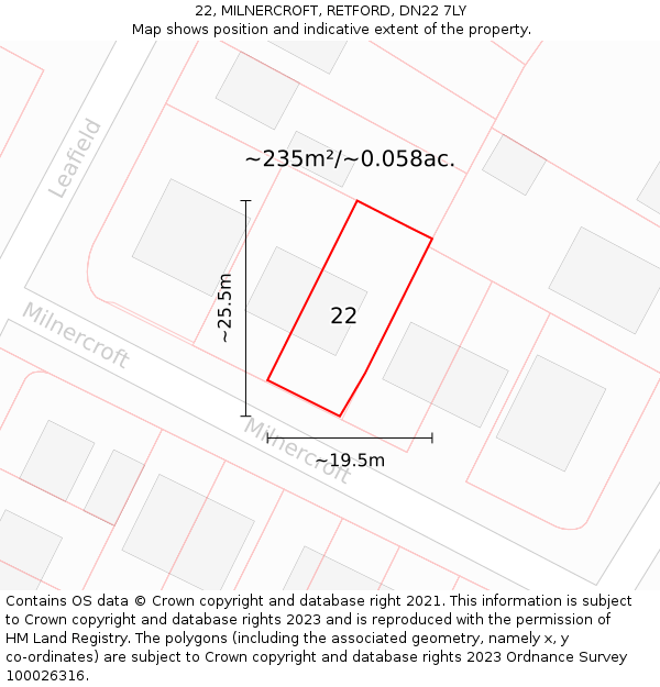 22, MILNERCROFT, RETFORD, DN22 7LY: Plot and title map