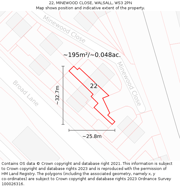 22, MINEWOOD CLOSE, WALSALL, WS3 2PN: Plot and title map