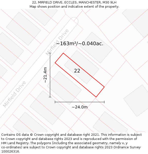 22, MIRFIELD DRIVE, ECCLES, MANCHESTER, M30 9LH: Plot and title map