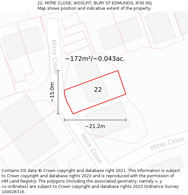 22, MITRE CLOSE, WOOLPIT, BURY ST EDMUNDS, IP30 9SJ: Plot and title map