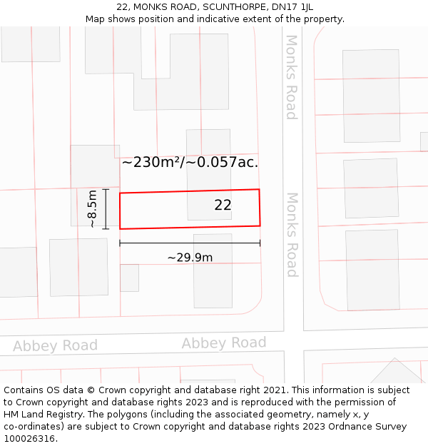 22, MONKS ROAD, SCUNTHORPE, DN17 1JL: Plot and title map