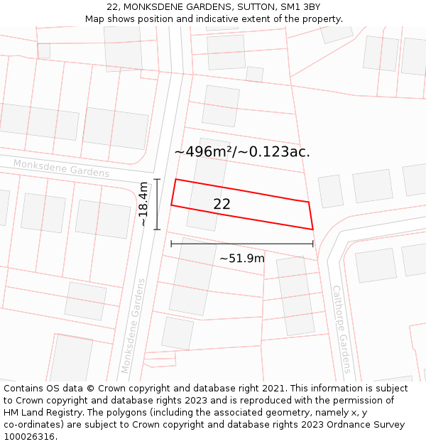 22, MONKSDENE GARDENS, SUTTON, SM1 3BY: Plot and title map