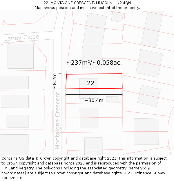 22, MONTAIGNE CRESCENT, LINCOLN, LN2 4QN: Plot and title map