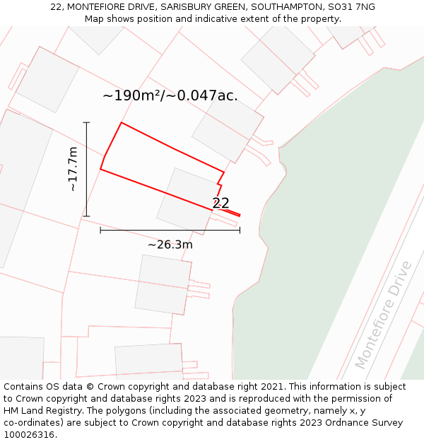 22, MONTEFIORE DRIVE, SARISBURY GREEN, SOUTHAMPTON, SO31 7NG: Plot and title map