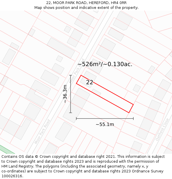 22, MOOR PARK ROAD, HEREFORD, HR4 0RR: Plot and title map