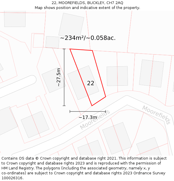 22, MOOREFIELDS, BUCKLEY, CH7 2AQ: Plot and title map