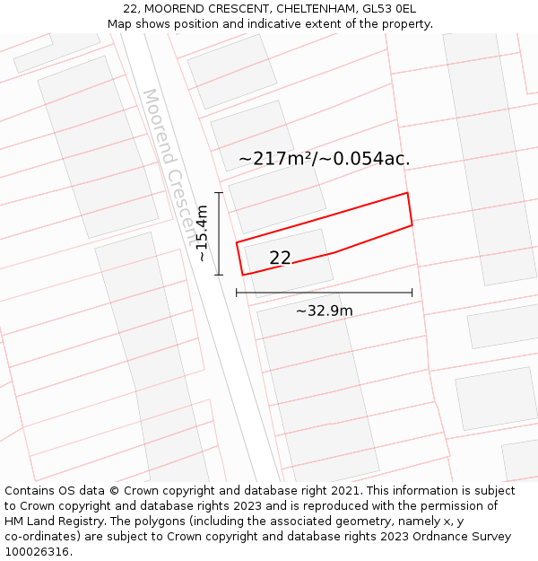 22, MOOREND CRESCENT, CHELTENHAM, GL53 0EL: Plot and title map