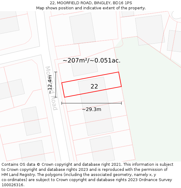 22, MOORFIELD ROAD, BINGLEY, BD16 1PS: Plot and title map