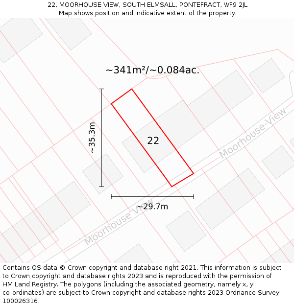 22, MOORHOUSE VIEW, SOUTH ELMSALL, PONTEFRACT, WF9 2JL: Plot and title map