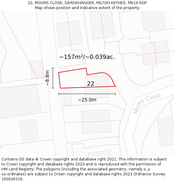 22, MOORS CLOSE, DEANSHANGER, MILTON KEYNES, MK19 6GP: Plot and title map