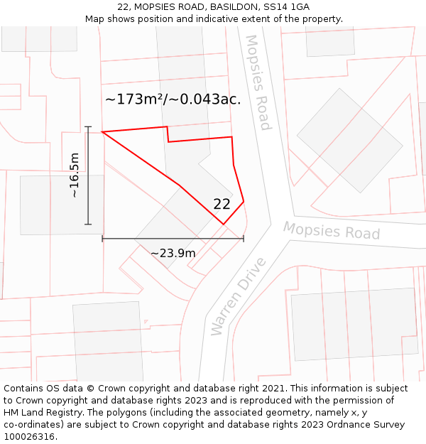 22, MOPSIES ROAD, BASILDON, SS14 1GA: Plot and title map