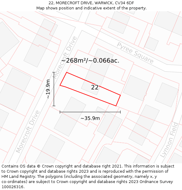 22, MORECROFT DRIVE, WARWICK, CV34 6DF: Plot and title map
