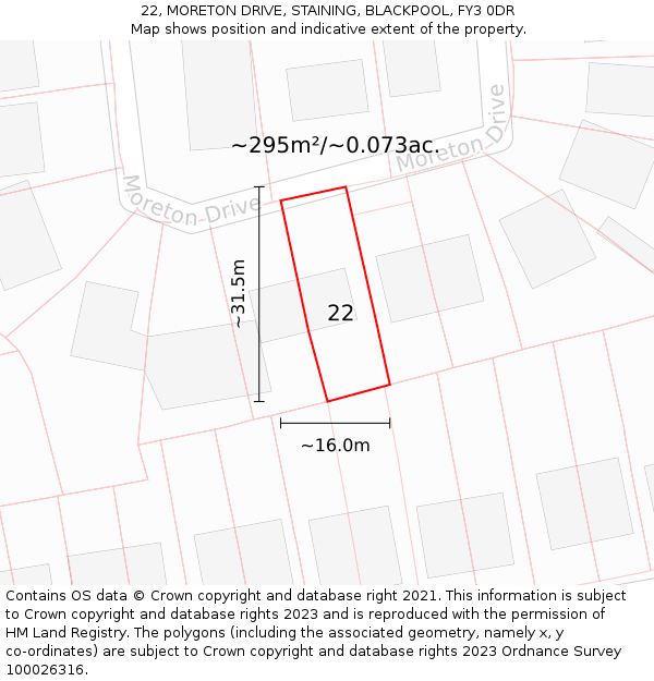 22, MORETON DRIVE, STAINING, BLACKPOOL, FY3 0DR: Plot and title map