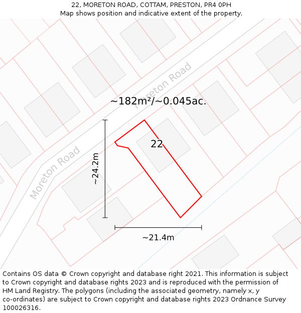 22, MORETON ROAD, COTTAM, PRESTON, PR4 0PH: Plot and title map
