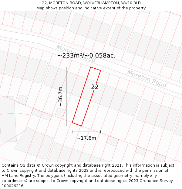 22, MORETON ROAD, WOLVERHAMPTON, WV10 8LB: Plot and title map