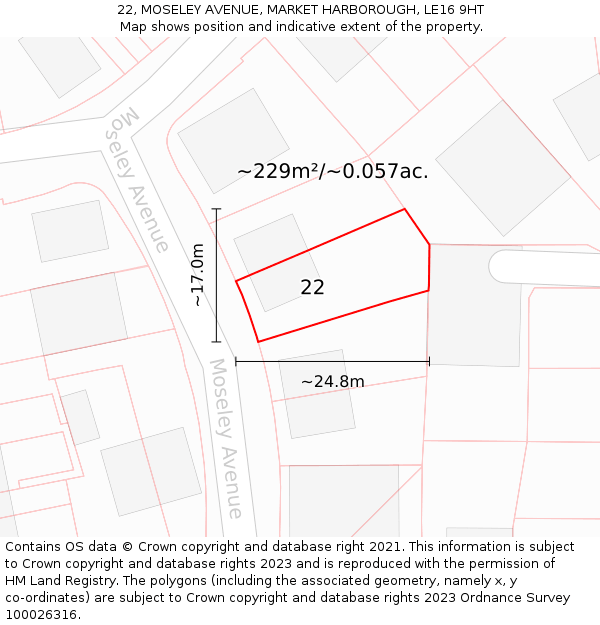 22, MOSELEY AVENUE, MARKET HARBOROUGH, LE16 9HT: Plot and title map