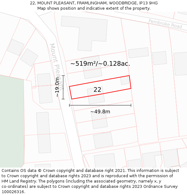 22, MOUNT PLEASANT, FRAMLINGHAM, WOODBRIDGE, IP13 9HG: Plot and title map