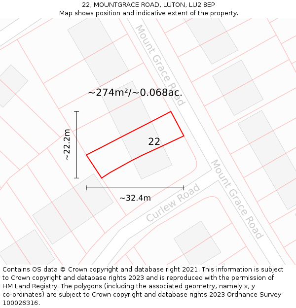 22, MOUNTGRACE ROAD, LUTON, LU2 8EP: Plot and title map