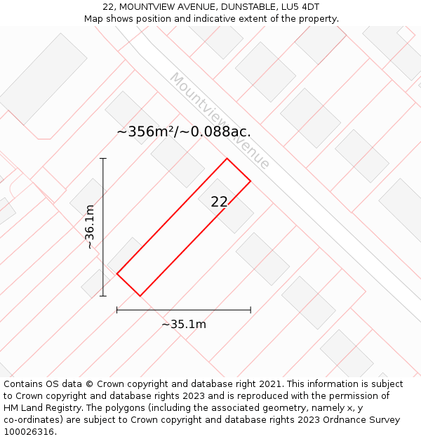 22, MOUNTVIEW AVENUE, DUNSTABLE, LU5 4DT: Plot and title map