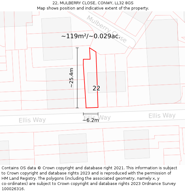 22, MULBERRY CLOSE, CONWY, LL32 8GS: Plot and title map