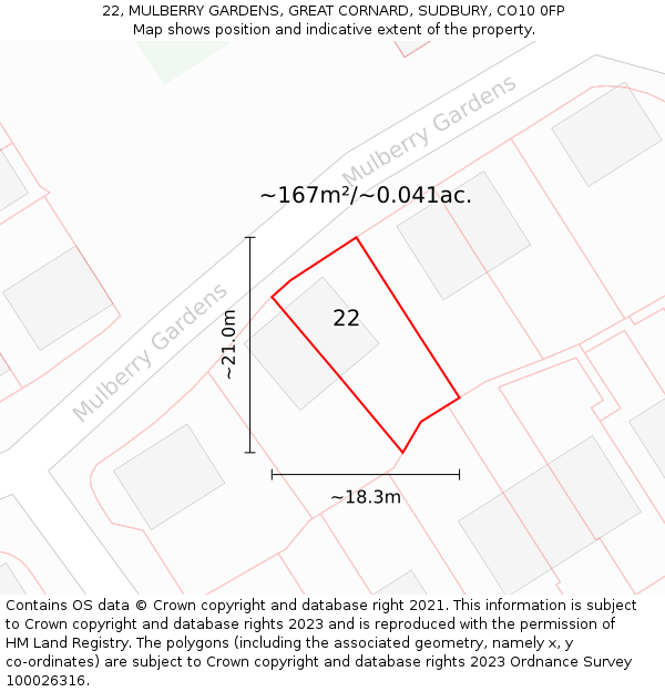 22, MULBERRY GARDENS, GREAT CORNARD, SUDBURY, CO10 0FP: Plot and title map