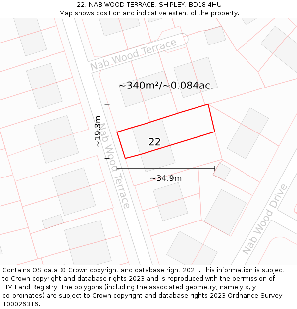 22, NAB WOOD TERRACE, SHIPLEY, BD18 4HU: Plot and title map