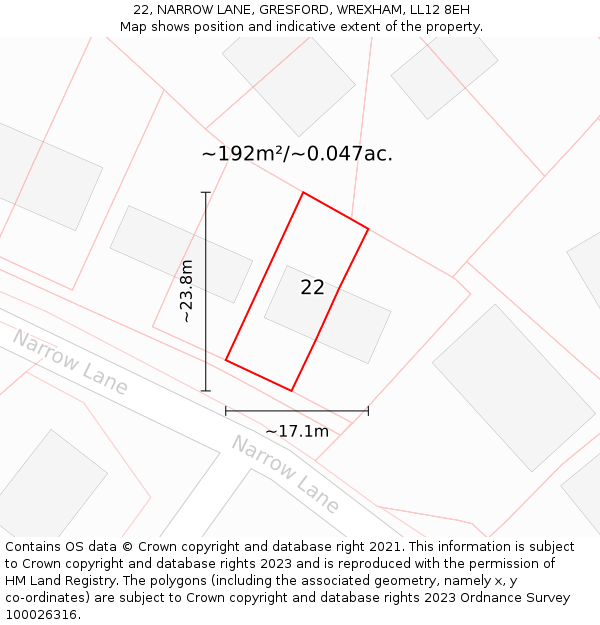 22, NARROW LANE, GRESFORD, WREXHAM, LL12 8EH: Plot and title map