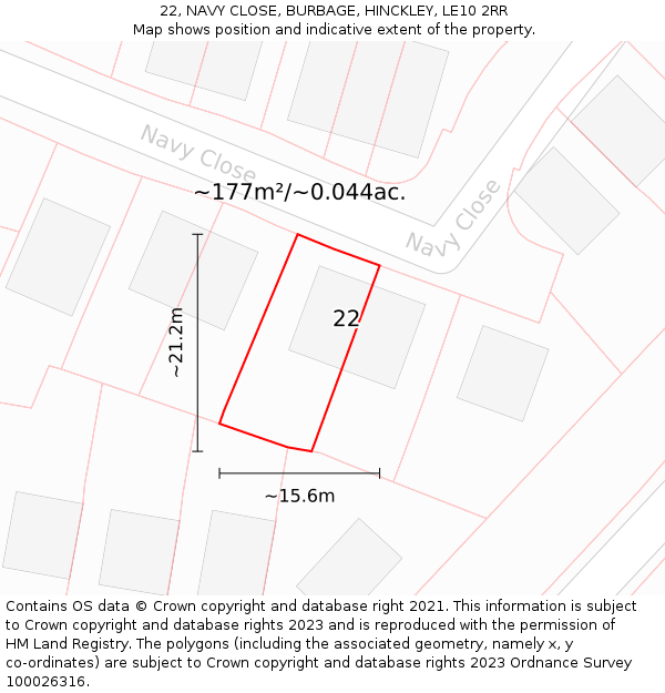 22, NAVY CLOSE, BURBAGE, HINCKLEY, LE10 2RR: Plot and title map