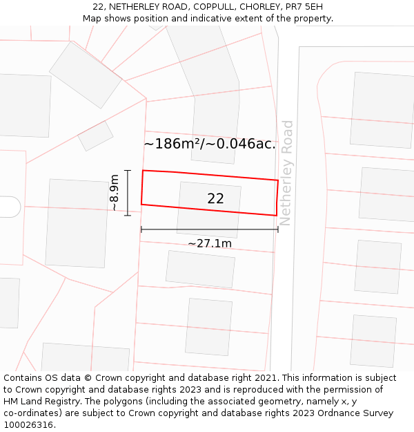 22, NETHERLEY ROAD, COPPULL, CHORLEY, PR7 5EH: Plot and title map