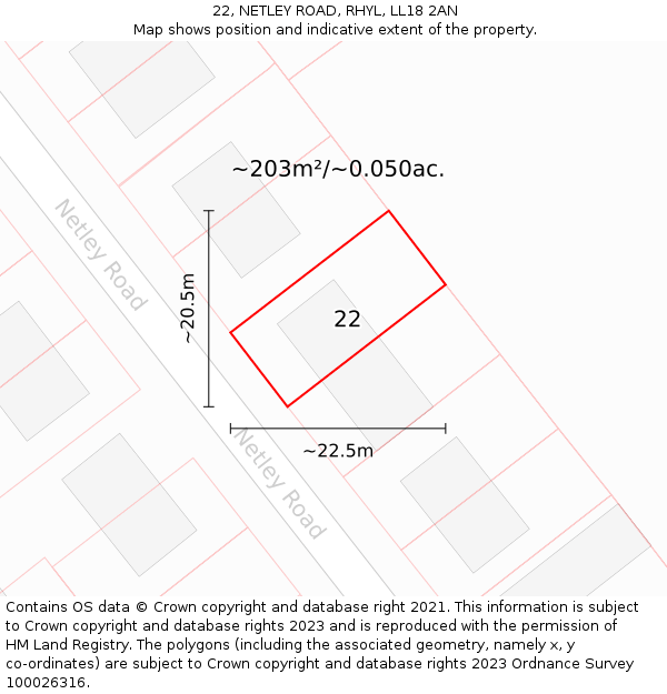 22, NETLEY ROAD, RHYL, LL18 2AN: Plot and title map