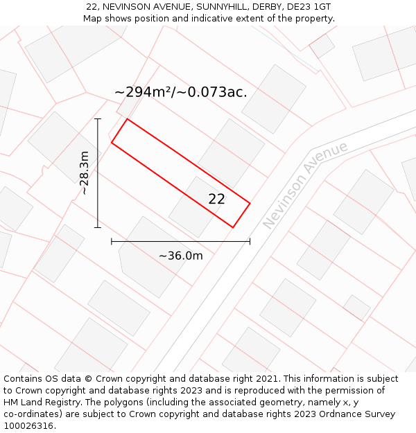 22, NEVINSON AVENUE, SUNNYHILL, DERBY, DE23 1GT: Plot and title map