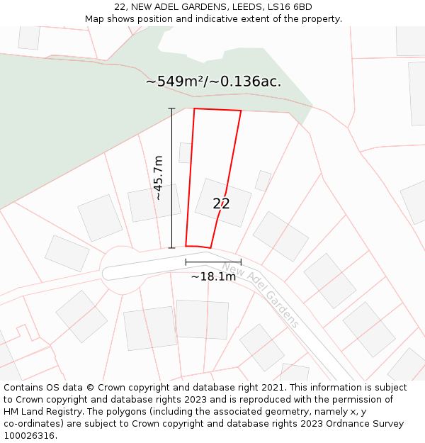 22, NEW ADEL GARDENS, LEEDS, LS16 6BD: Plot and title map