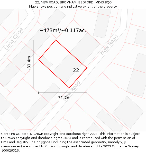 22, NEW ROAD, BROMHAM, BEDFORD, MK43 8QQ: Plot and title map