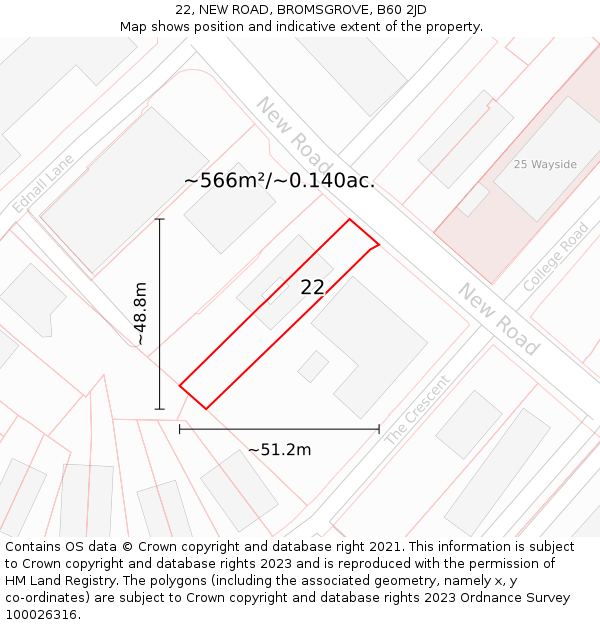 22, NEW ROAD, BROMSGROVE, B60 2JD: Plot and title map